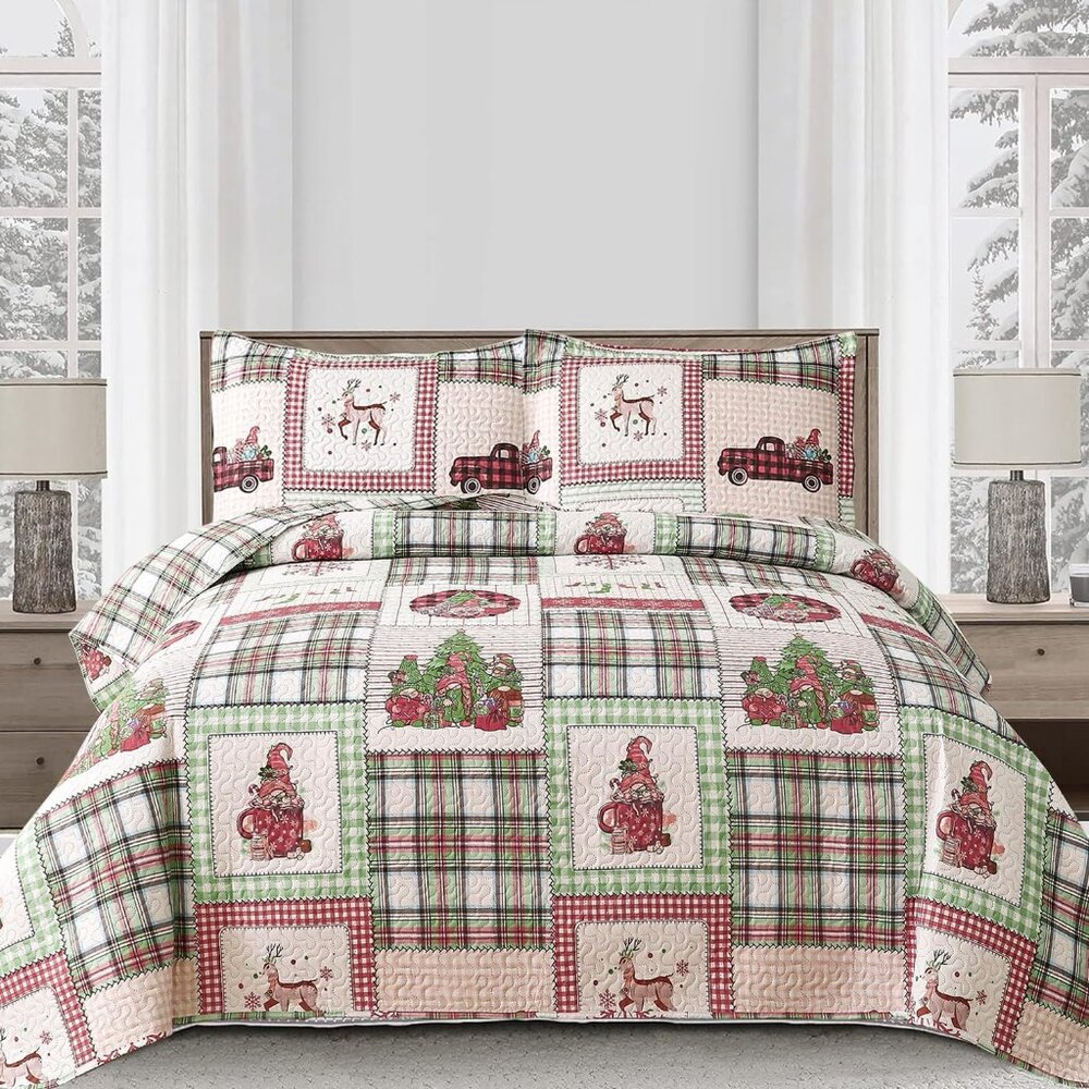 Christmas Bedding Set Christmas Quilt Bedspread Xmas Coverlet, Red Green Plaid